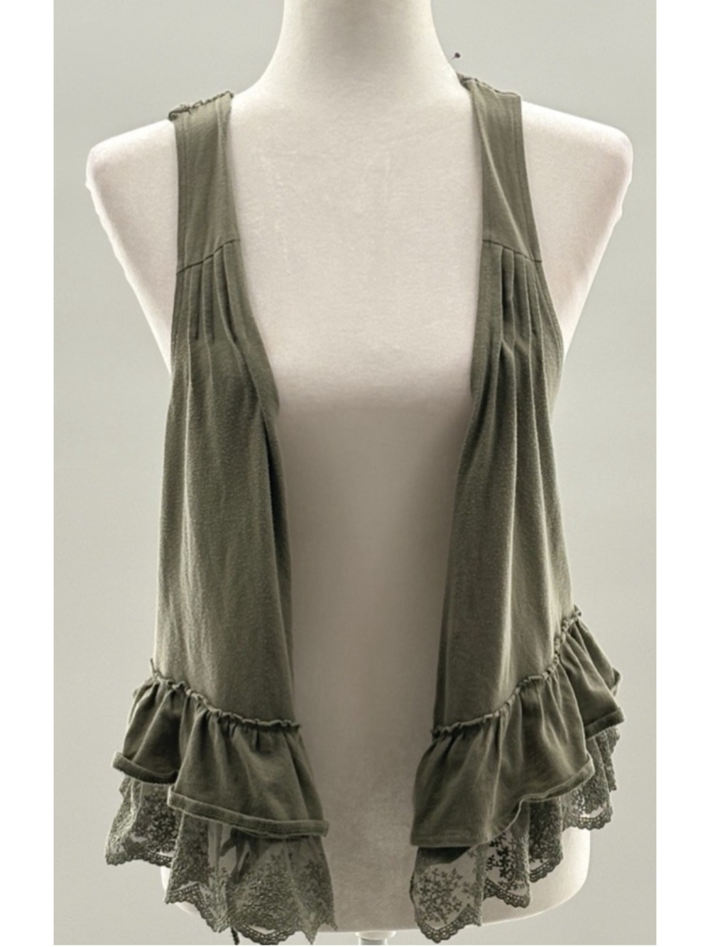 Decree Olive Green Lace Vest Top Large Boho Fairy core Crochet Ruffle Layered